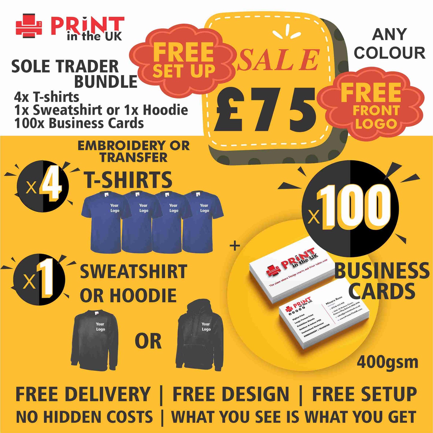 Sole Trader Bundle |   4 T-shirts + 1 Sweatshirt + 100 Business Cards | Free Front Logo | Free Delivery